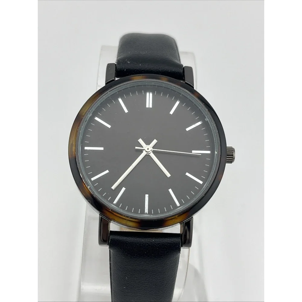 A Day New Watch Women 35mm Case Tortoise Shell Bezel Black Band-‎ New Battery